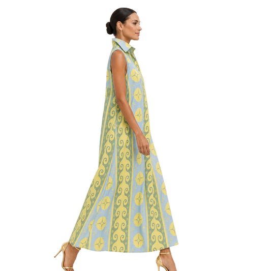 The Valencia Sleeveless Printed A-Line Cotton-Poplin Maxi Shirt Dress