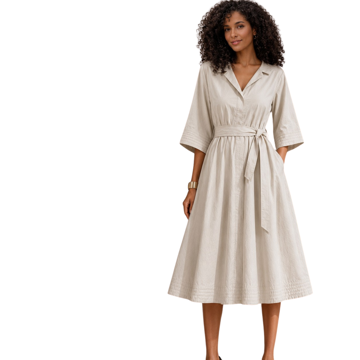 Selena Black Cotton A-Line Midi Shirt Dress