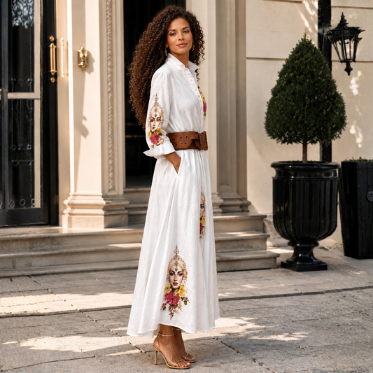 Mas Muse White Linen Artist-Print Maxi Shirt Dress | Clyde Thomas Carnival Collection