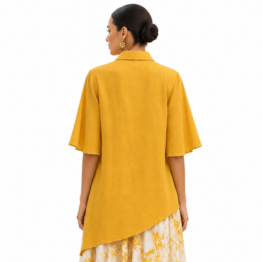 Sabine Flutter-Sleeve High-Low Linen Shirt