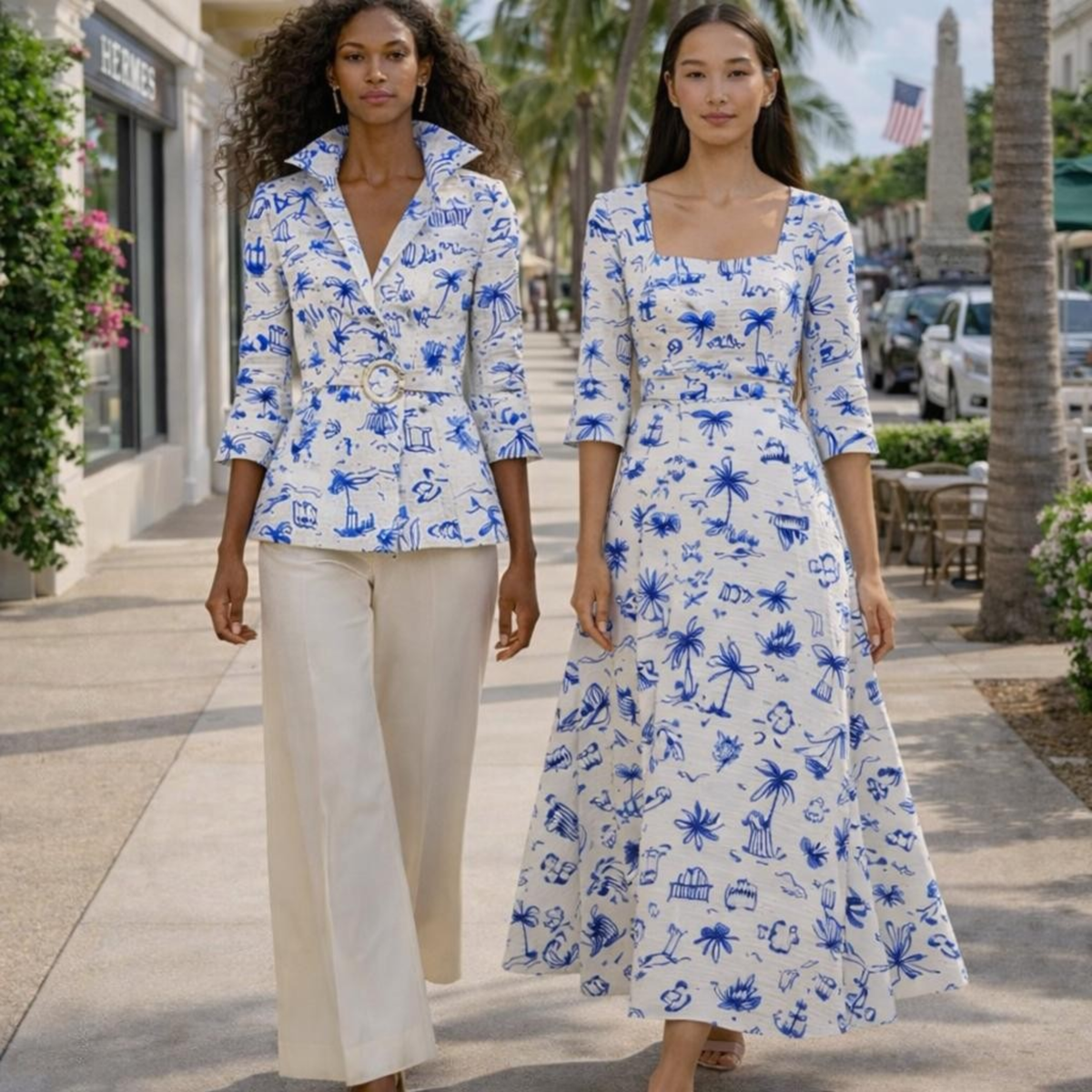 “Model wearing a teal and sand patchwork linen dress with beach-themed motifs, walking with a cream handbag against a light grey background