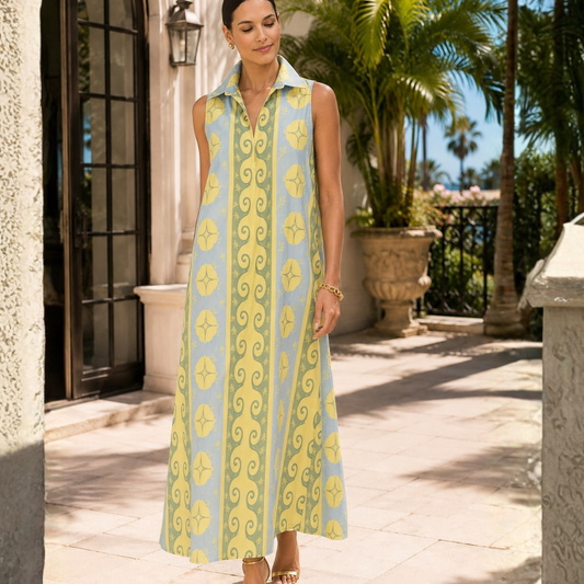 The Valencia Sleeveless Printed A-Line Cotton-Poplin Maxi Shirt Dress
