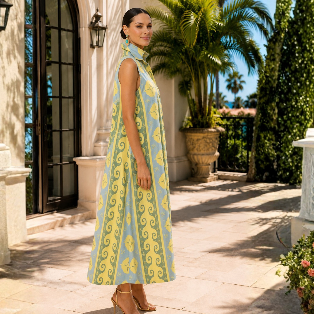 The Valencia Sleeveless Printed A-Line Cotton-Poplin Maxi Shirt Dress