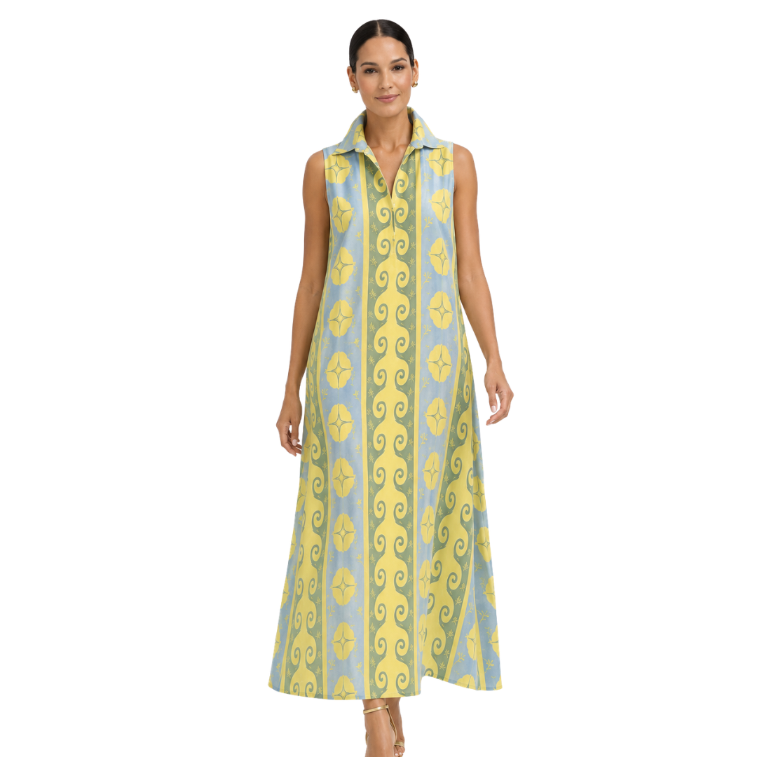 The Valencia Sleeveless Printed A-Line Cotton-Poplin Maxi Shirt Dress