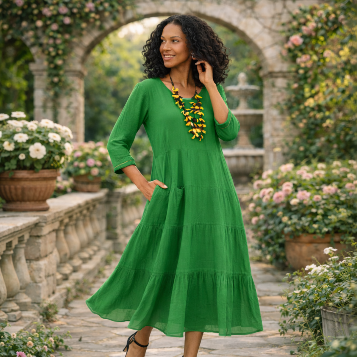 Kya Cotton Relaxed Tiered Satin Piped Dress