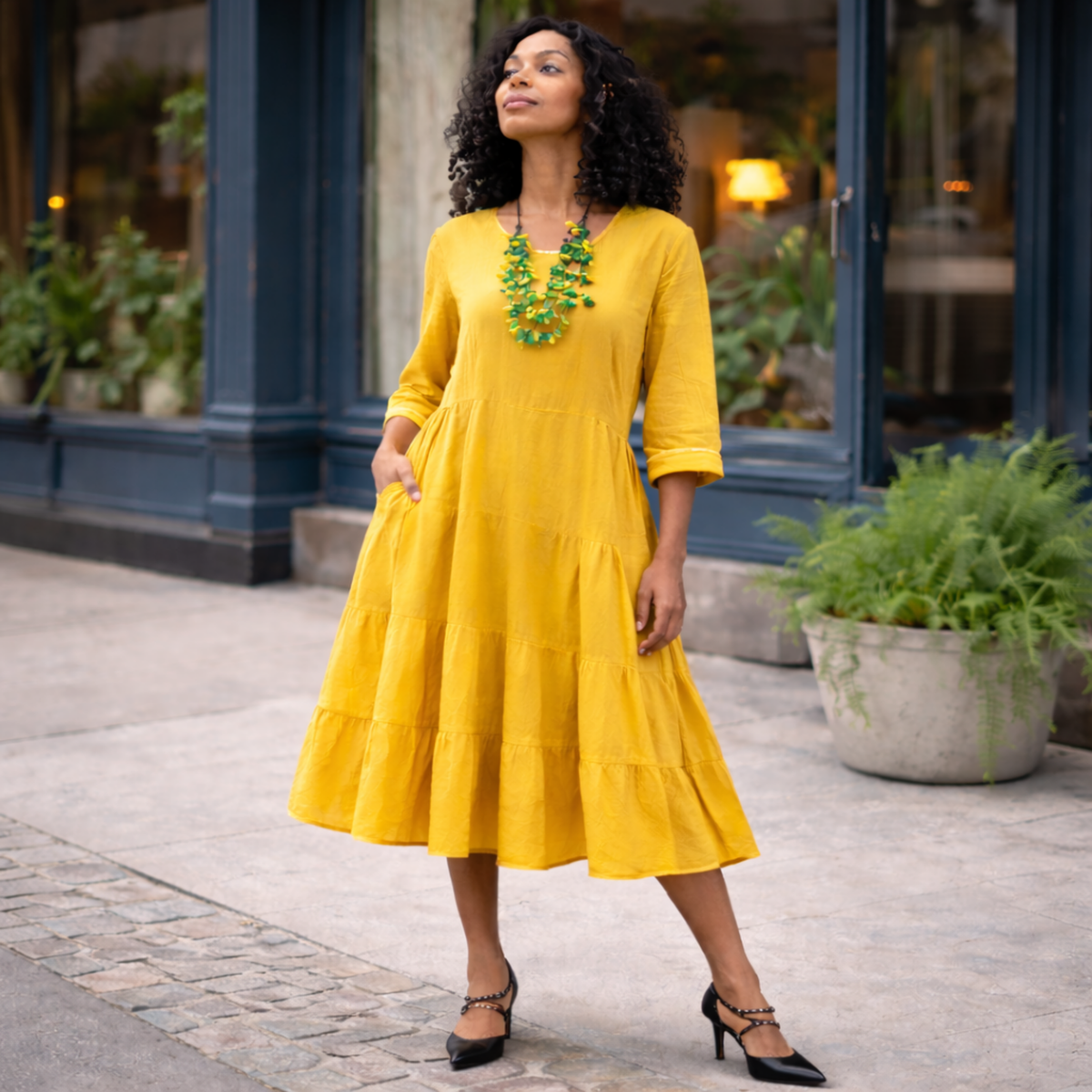 Kya Cotton Relaxed Tiered Satin Piped Dress