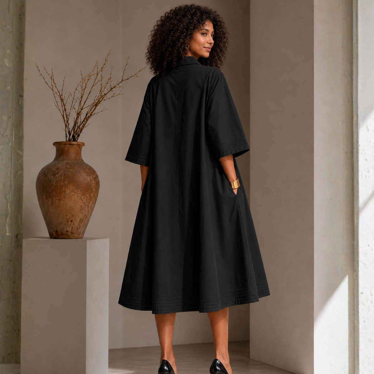 Selena Black Cotton A-Line Midi Shirt Dress