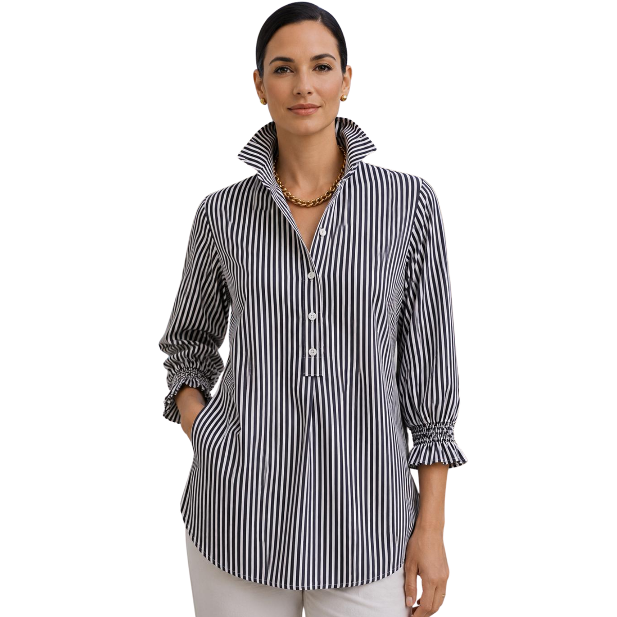 Veda Pinstripe Ruffle Elegance Blouse
