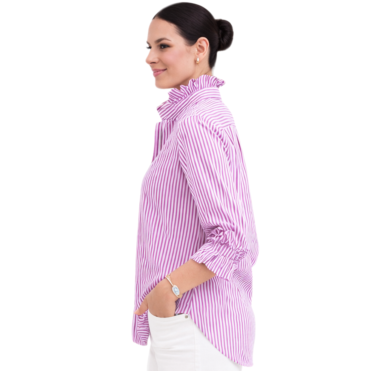 Veda Pinstripe Ruffle Elegance Blouse
