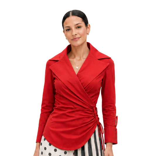 Seraphina Ruched Wrap-Front Cuff Stretch Cotton-Poplin Top
