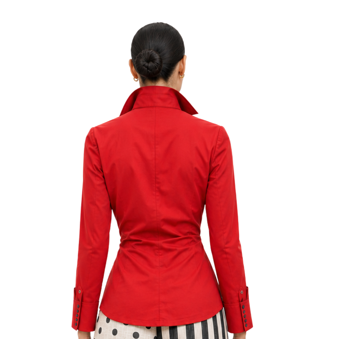 Seraphina Ruched Wrap-Front Cuff Stretch Cotton-Poplin Top