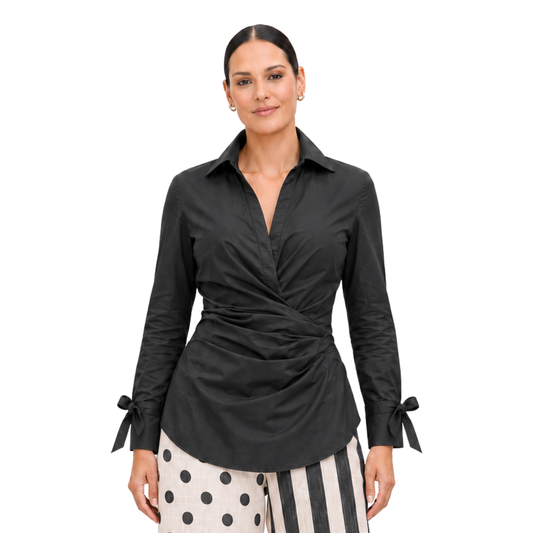 Juliette Ruched Wrap-Front Tie-Cuff Stretch Cotton-Poplin Top