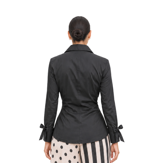Juliette Ruched Wrap-Front Tie-Cuff Stretch Cotton-Poplin Top