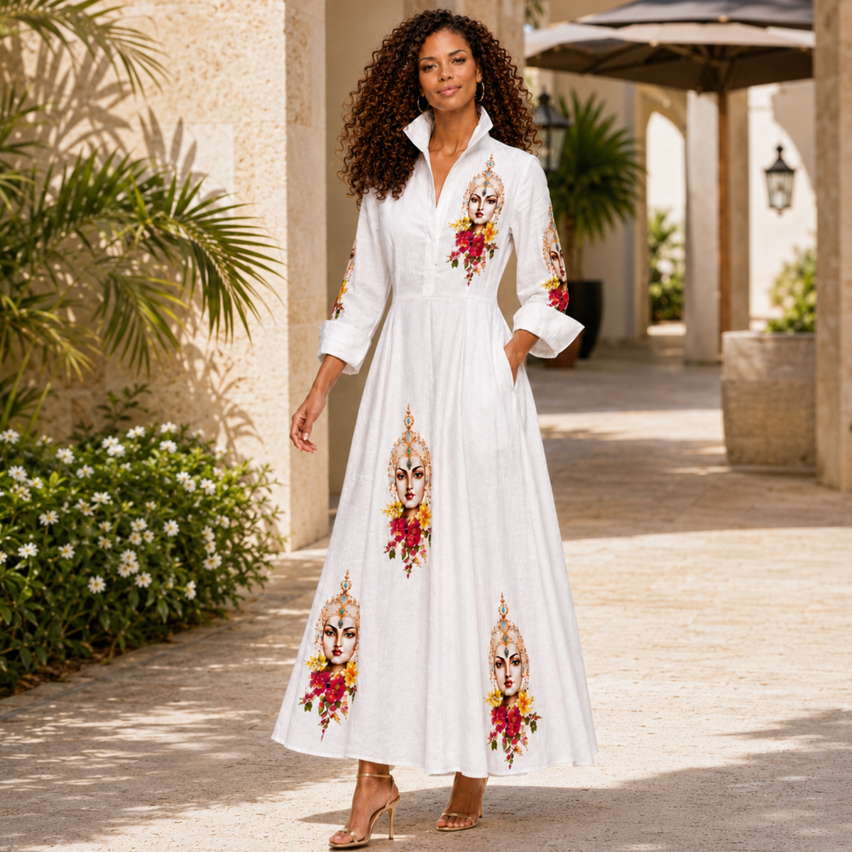 Mas Muse White Linen Artist-Print Maxi Shirt Dress | Clyde Thomas Carnival Collection