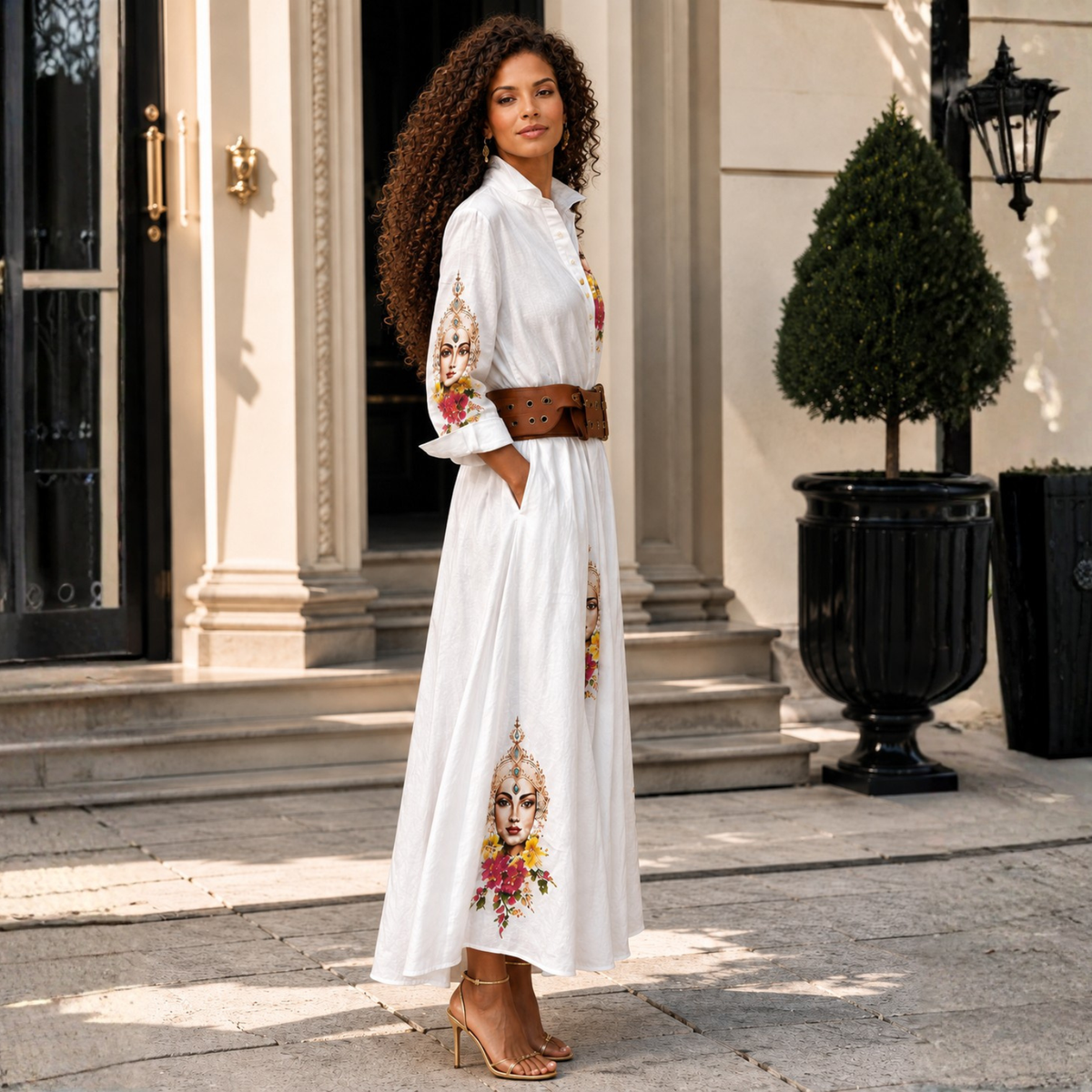 Mas Muse White Linen Artist-Print Maxi Shirt Dress | Clyde Thomas Carnival Collection