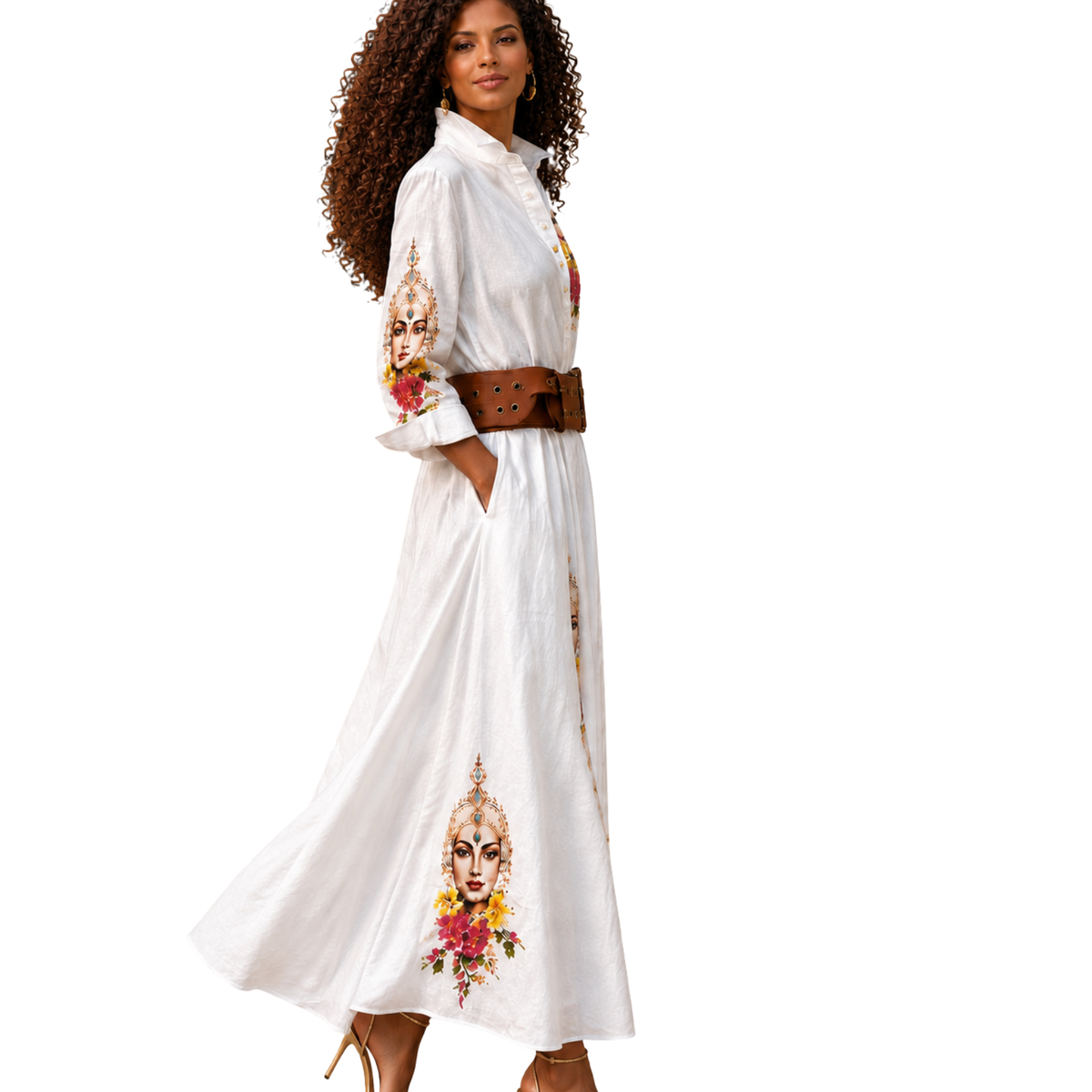 Mas Muse White Linen Artist-Print Maxi Shirt Dress | Clyde Thomas Carnival Collection