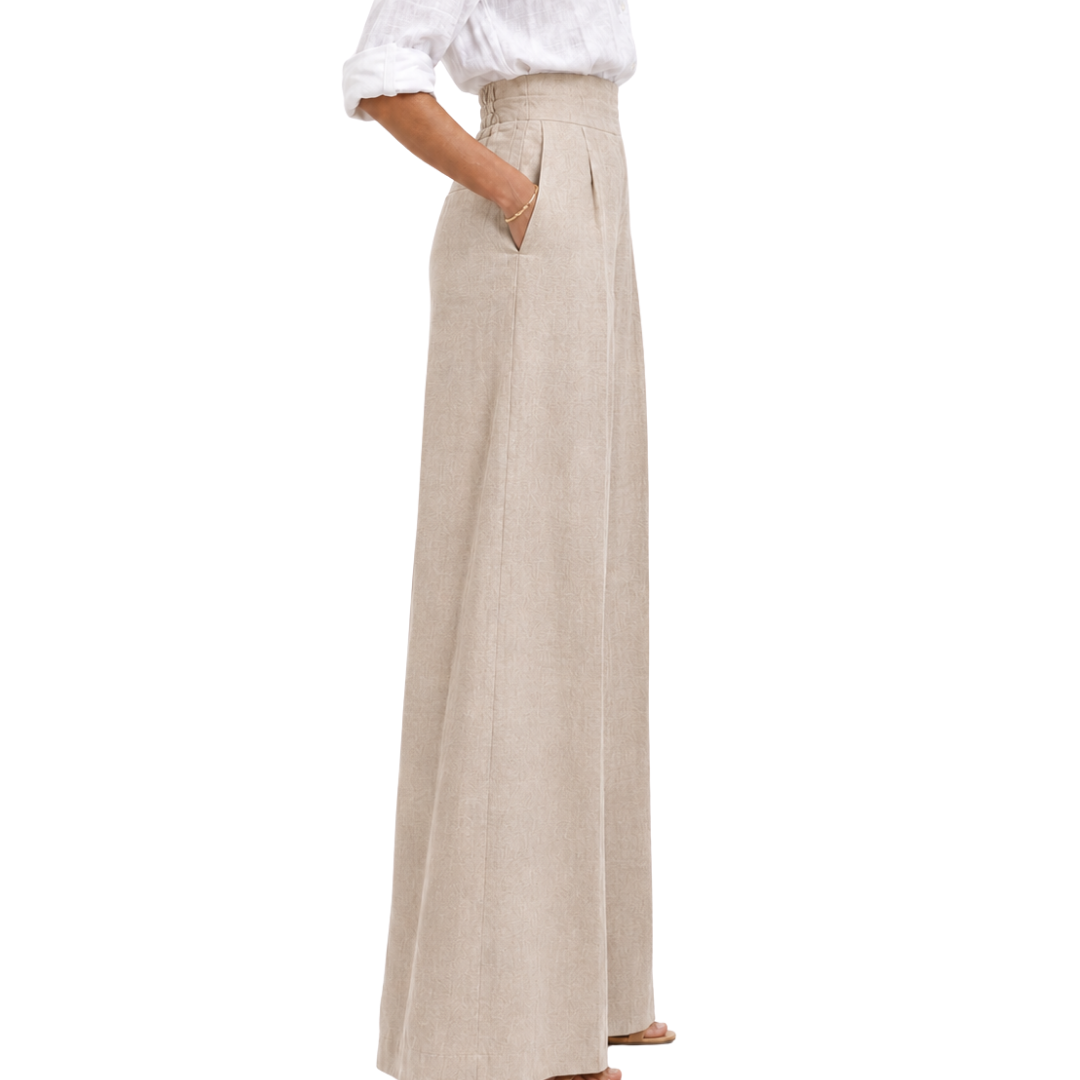 Margaux High-Waist Pleated Elastic-Back Wide-Leg Linen Pants