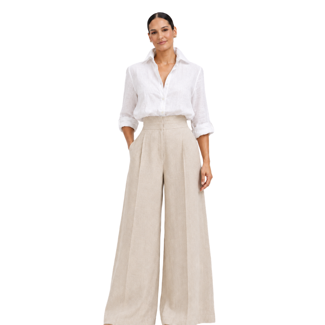 Margaux High-Waist Pleated Elastic-Back Wide-Leg Linen Pants