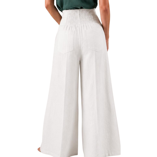 Margaux High-Waist Pleated Elastic-Back Wide-Leg Linen Pants
