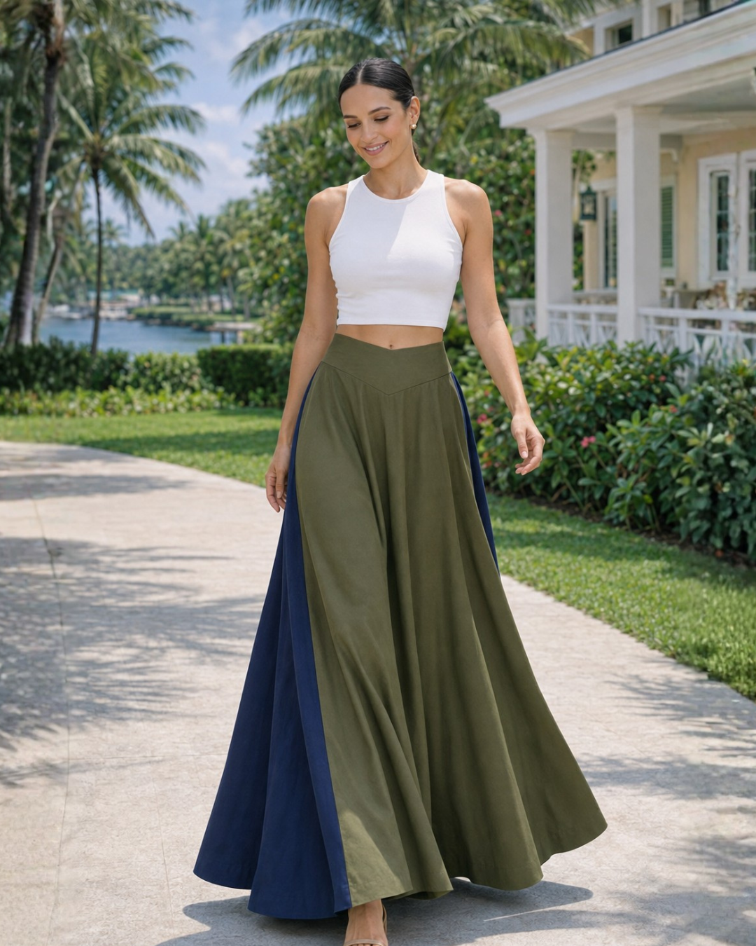 Alessia Two-Tone Circular-Flare Linen Maxi Skirt
