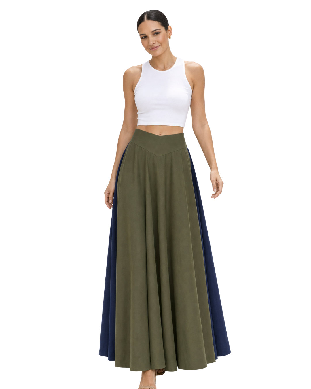 Alessia Two-Tone Circular-Flare Linen Maxi Skirt