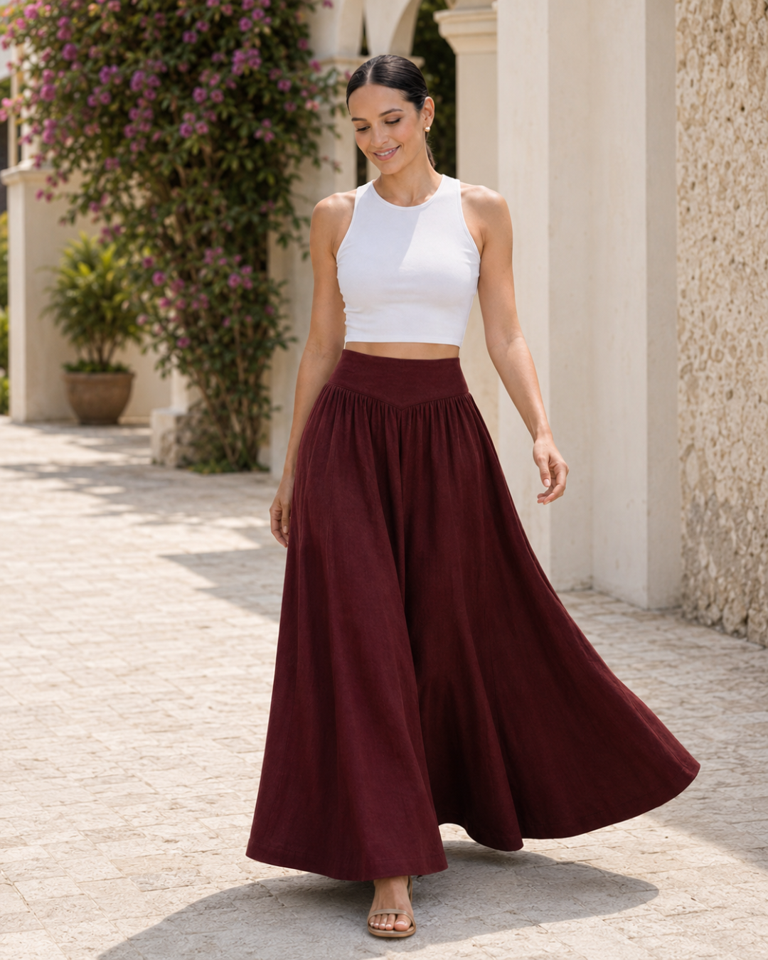 Marielle Flat-Front Elastic-Back Linen Maxi Skirt