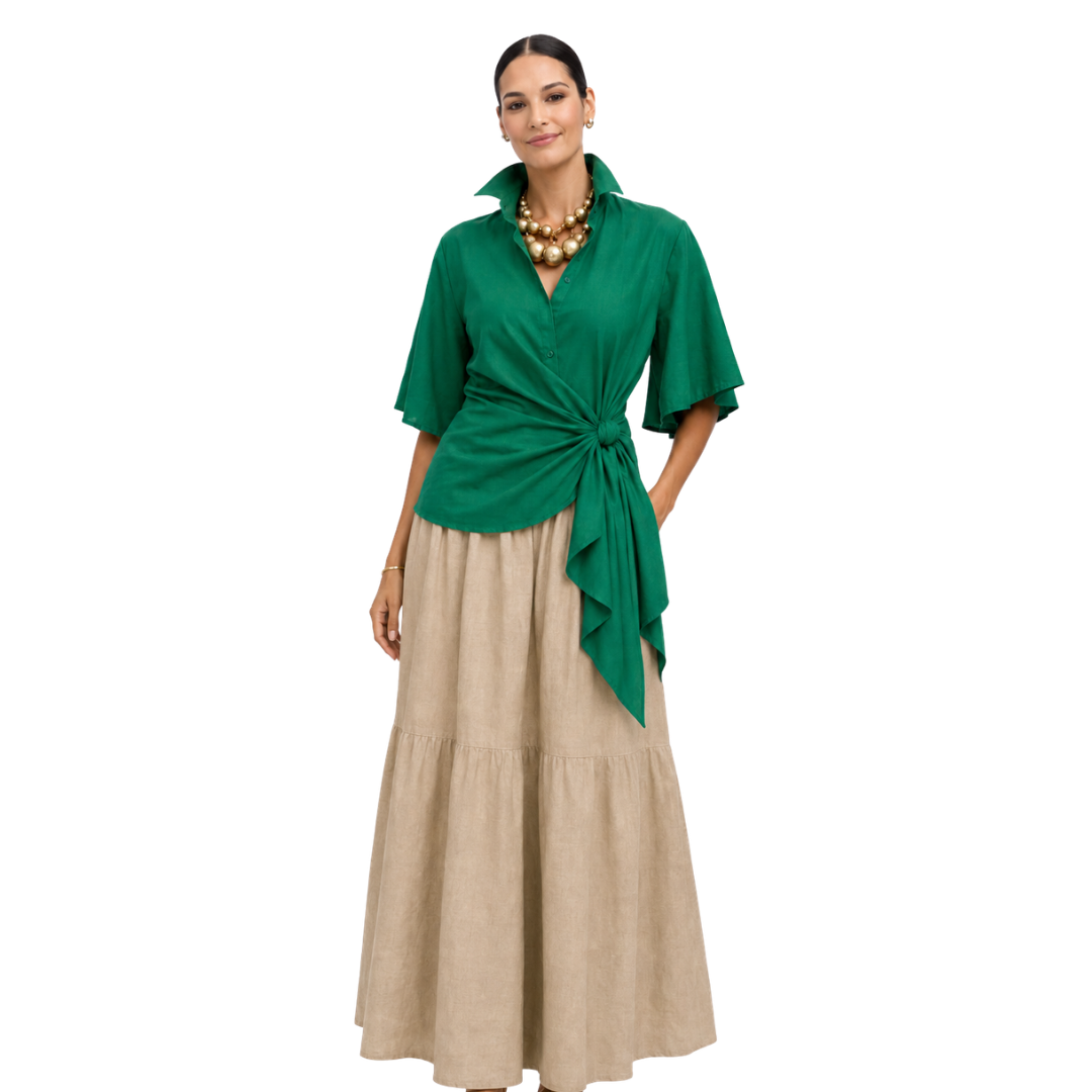 Sabine Flutter-Sleeve High-Low Linen Shirt
