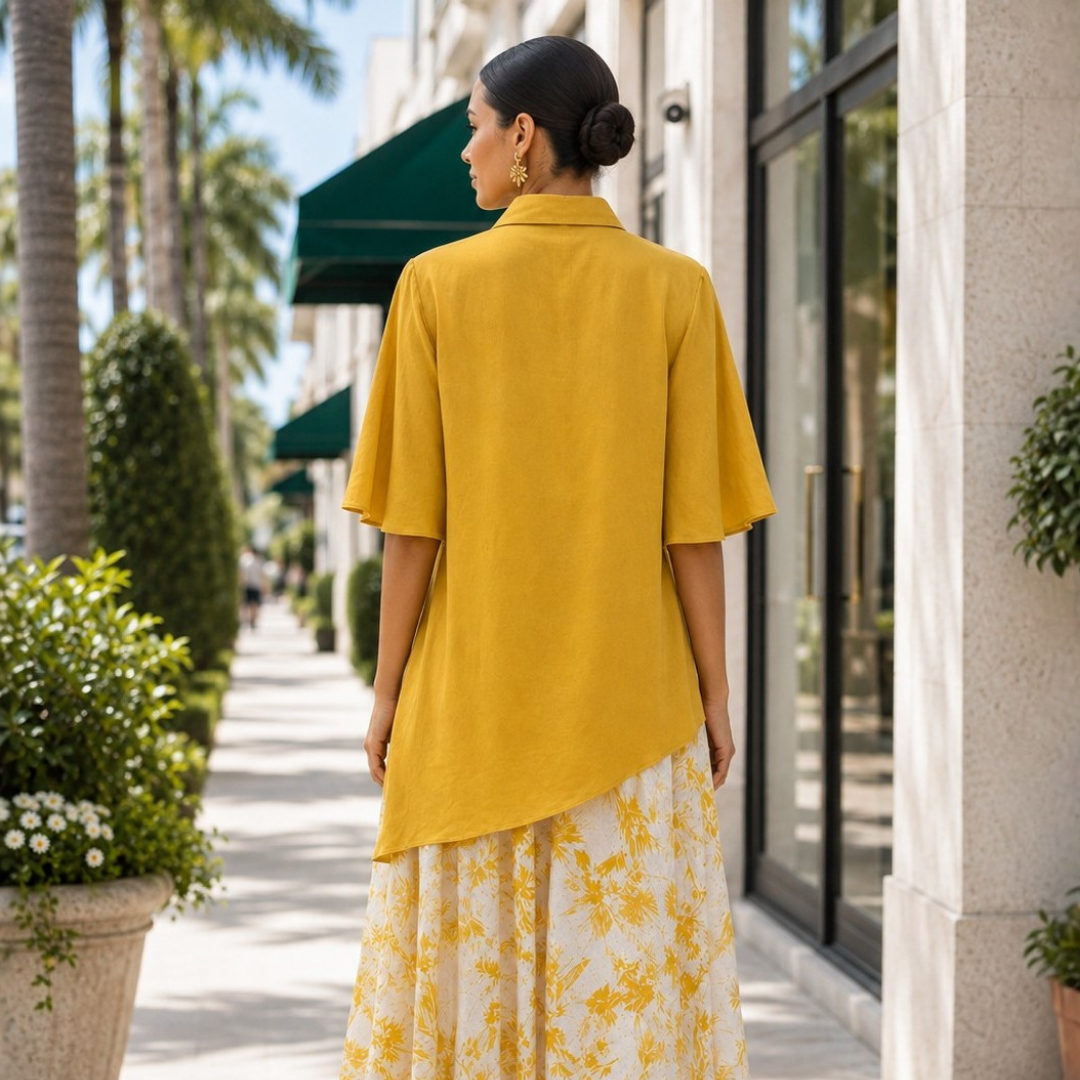 Sabine Flutter-Sleeve High-Low Linen Shirt