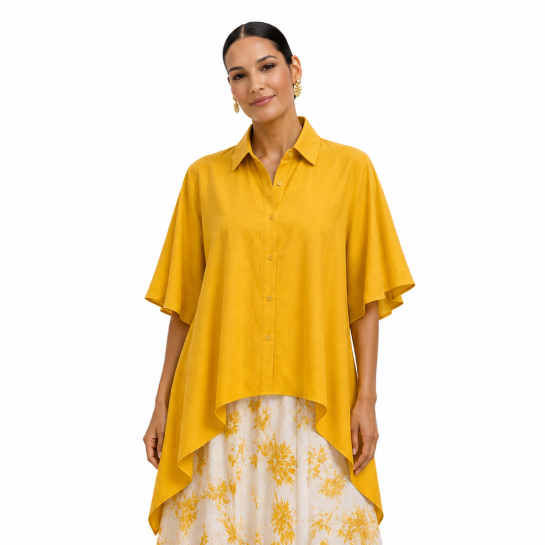 Sabine Flutter-Sleeve High-Low Linen Shirt