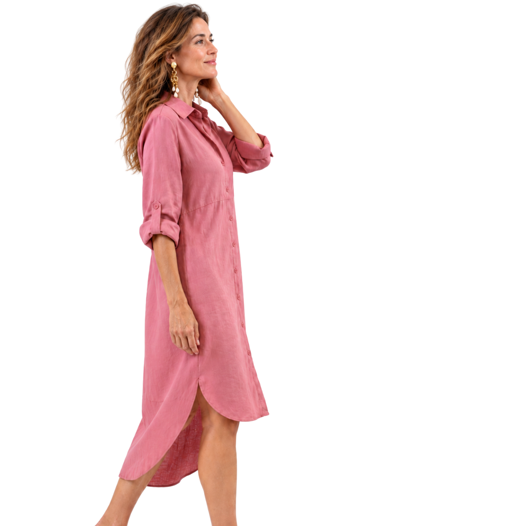Side view of the Celeste Linen-Silk Hi-Low Tunic Top in dusty pink, showing the high-low hem