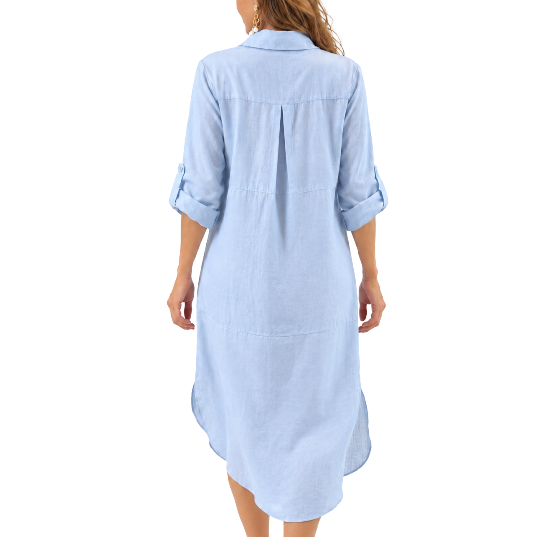 Back view of the Celeste Linen-Silk Hi-Low Tunic Top in powder blue, showing the pleat and long hem