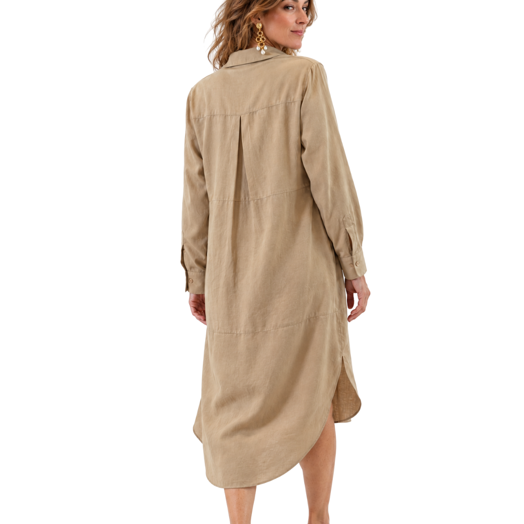 Back view of the Celeste Linen-Silk Hi-Low Tunic Top in tan, showing the pleat and long hem