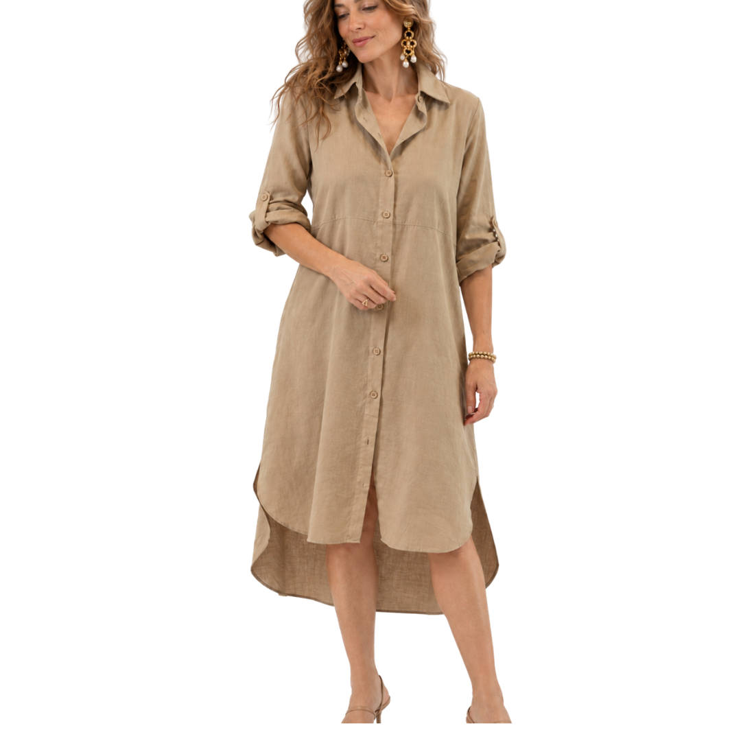 Front view of the Celeste Linen-Silk Hi-Low Tunic Top in tan