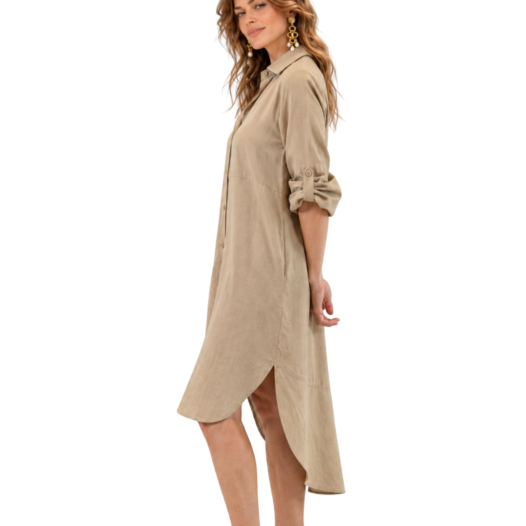 Side view of the Celeste Linen-Silk Hi-Low Tunic Top in tan, showing the high-low hem